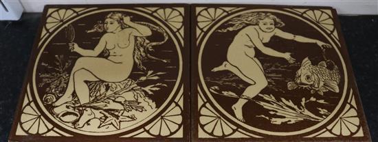 John Moyr-Smith. A rare set of six Mintons China Works water nymphs dust pressed tiles, all 6in. sq.